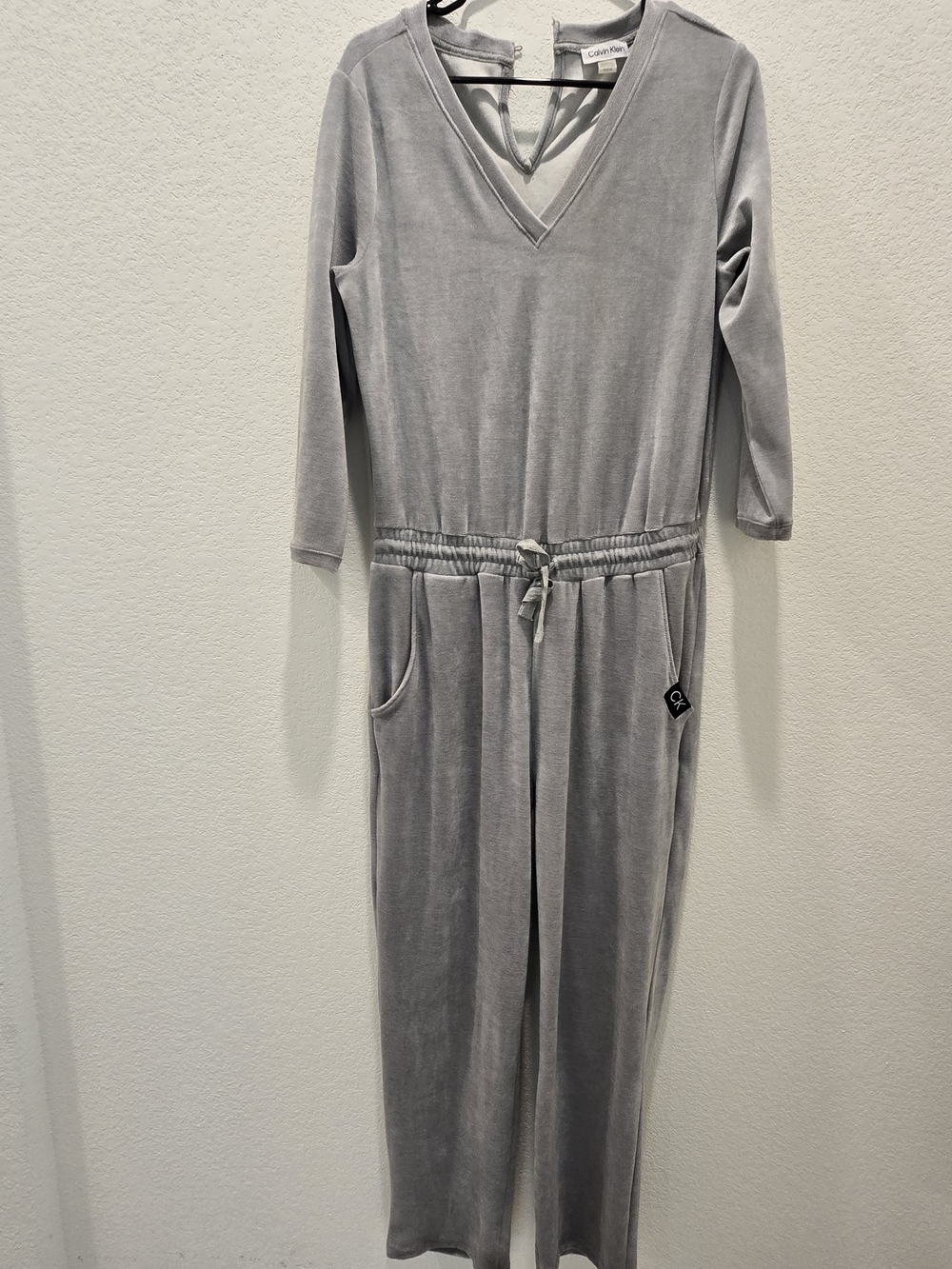 Calvin Klein Light Gray Velvet Long-Sleeve Jumpsuit